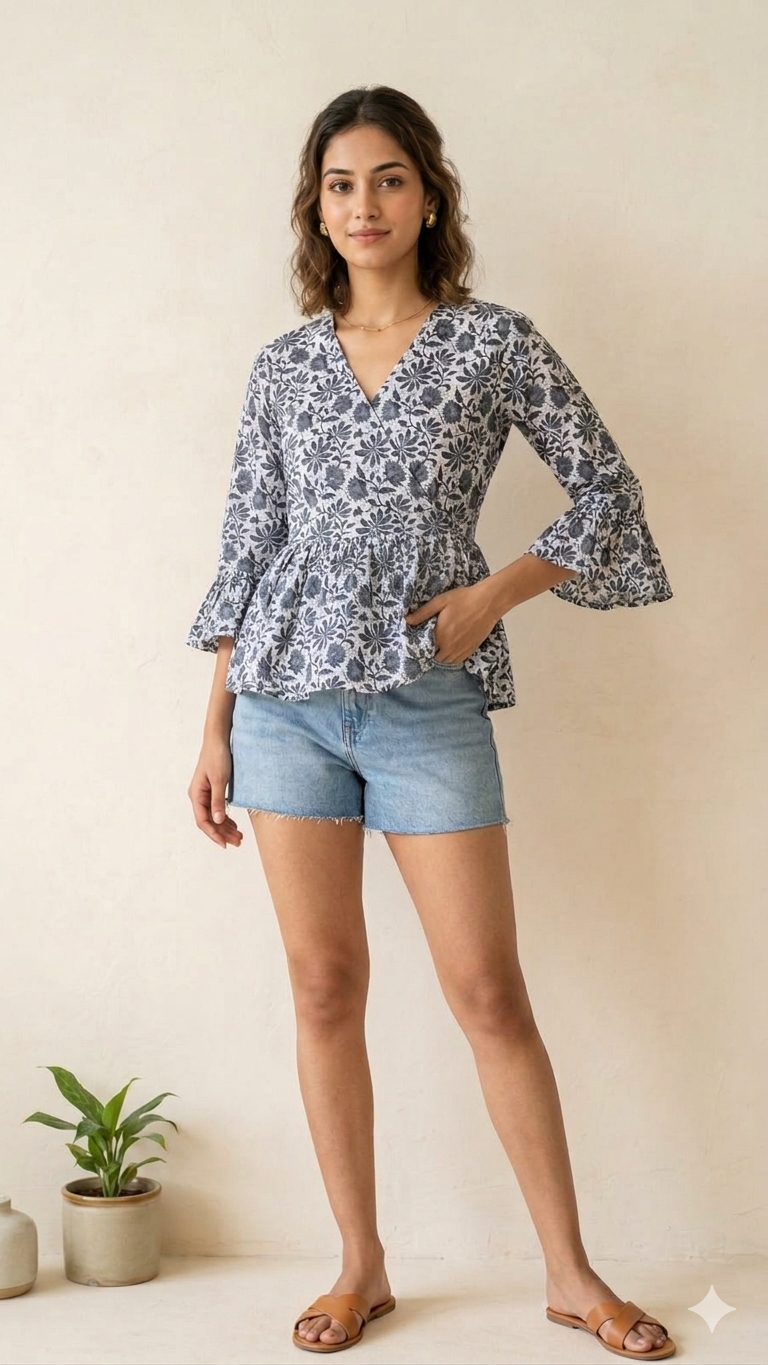 White floral peplum top with sleeves