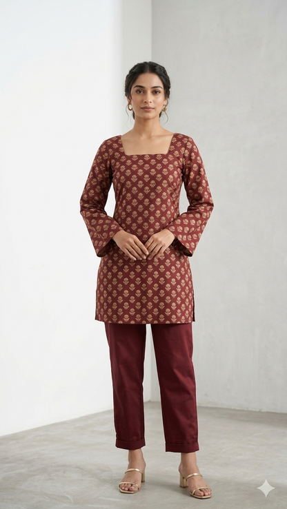 Maroon bell sleeves Block Print Corset Kurti