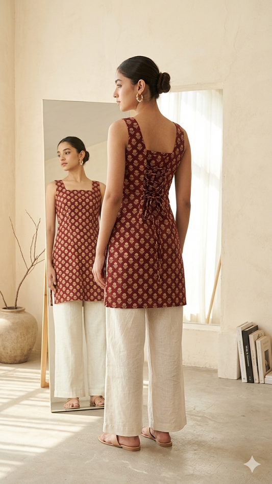 Maroon sleeveless Corset Kurti