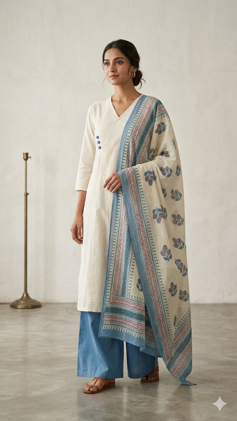 White blue Office wear anarkali suit set with dupatta