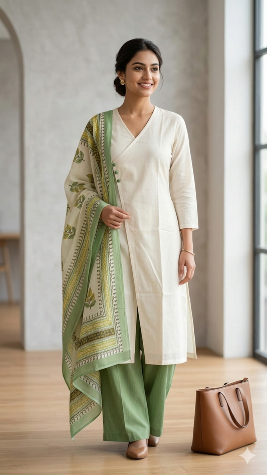 Green yellow Office wear kurta set with dupatta