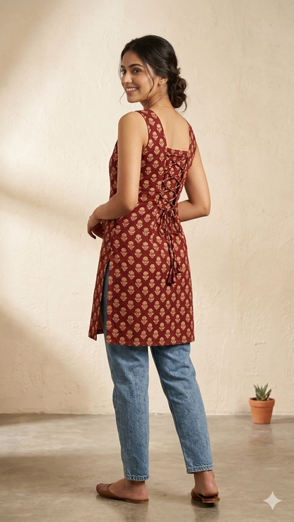 Maroon sleeveless Corset Kurti