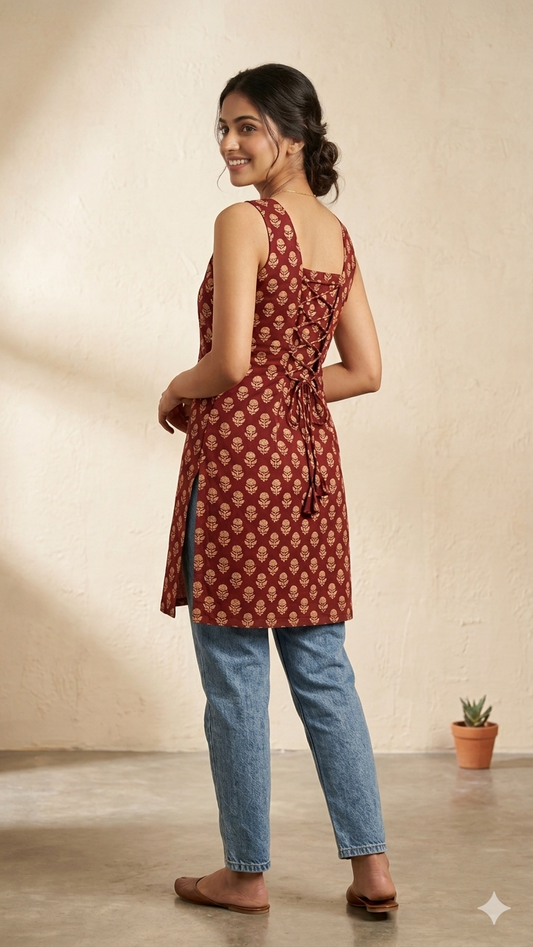 Maroon sleeveless Corset Kurti