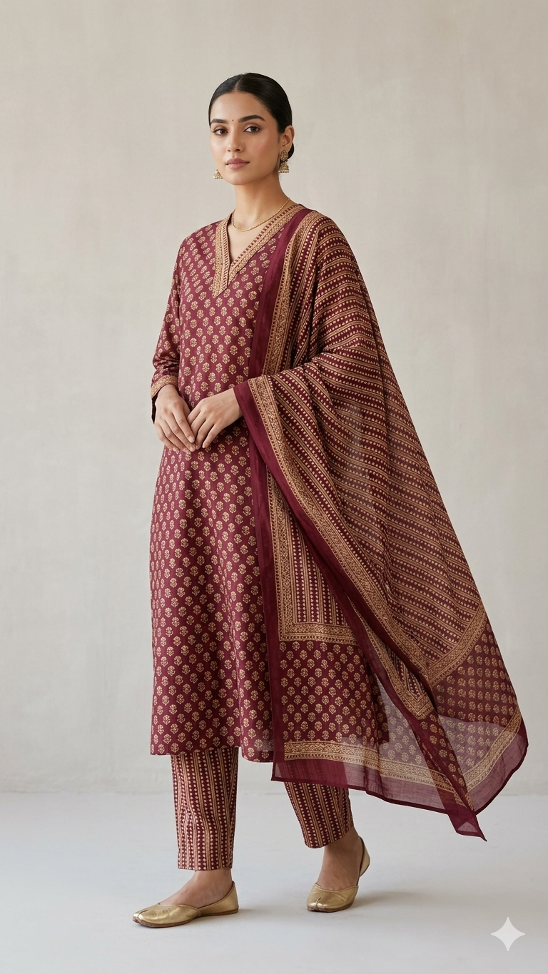 Maroon Office wear kurta set with dupatta