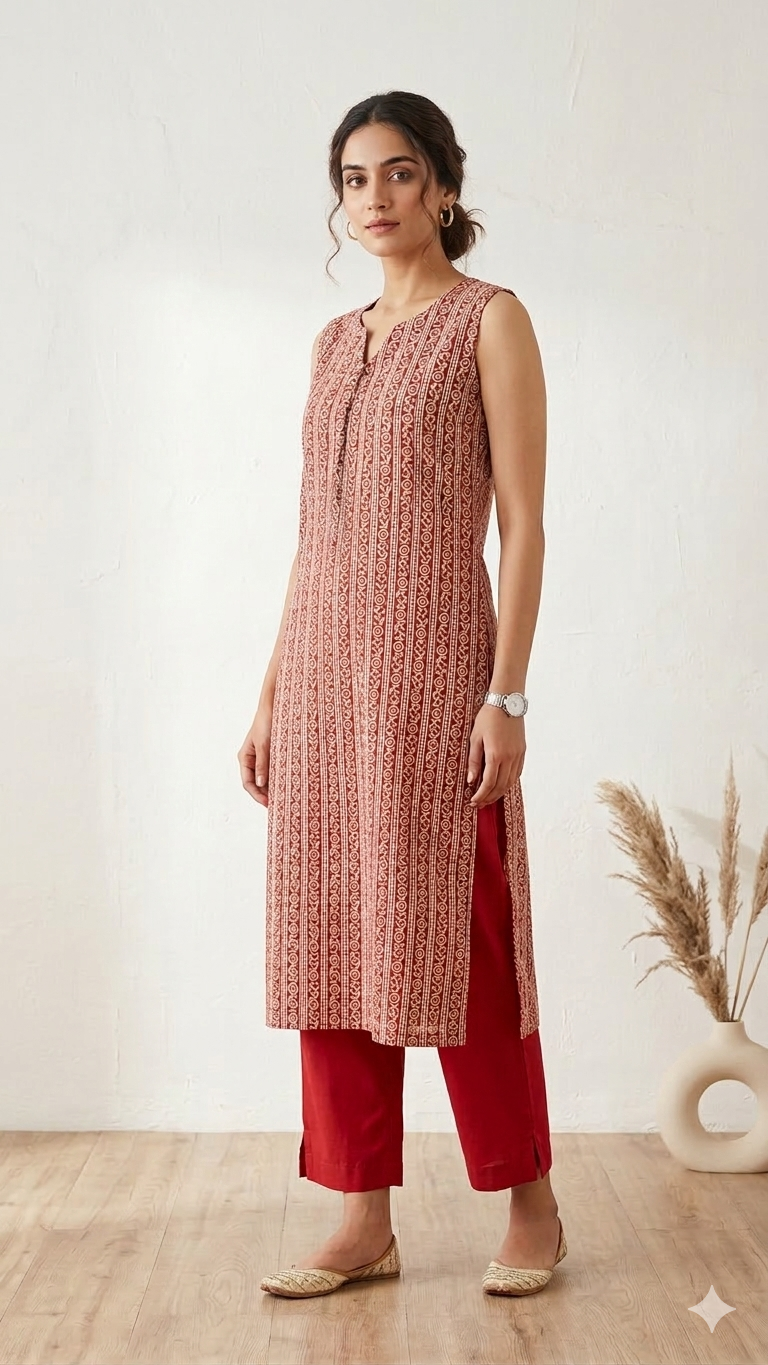 Rust Orange sleeveless Office wear kurta set