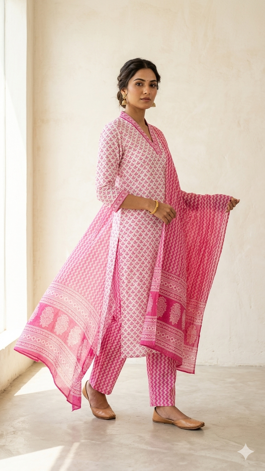 Pink Office wear kurta set with dupatta