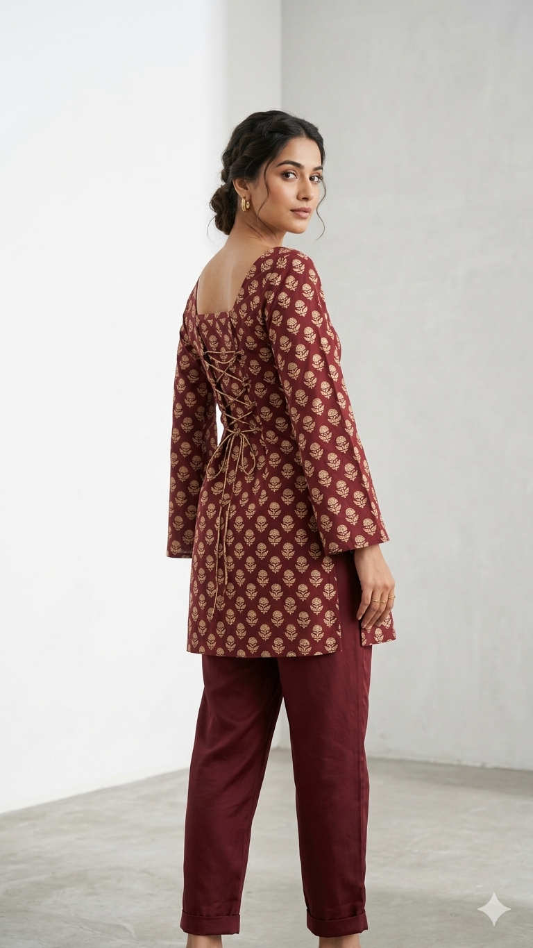 Maroon bell sleeves Block Print Corset Kurti