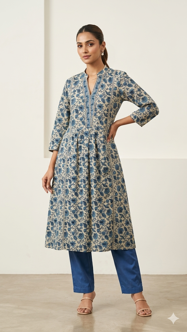 Blue Alya cut Office wear kurta set