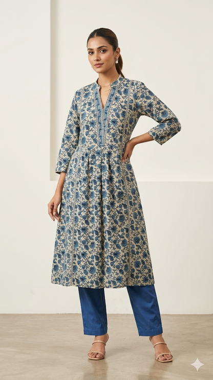 Blue Alya cut Office wear kurta set