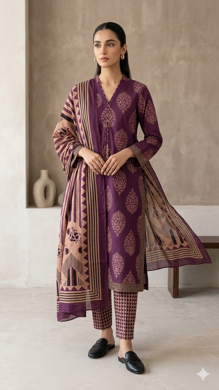Purple Office wear kurta set with dupatta