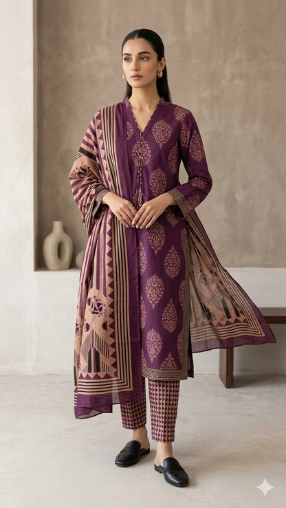 Purple Office wear kurta set with dupatta