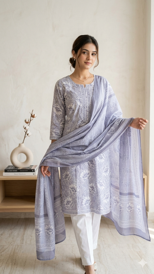 White blue Office wear kurta set with dupatta