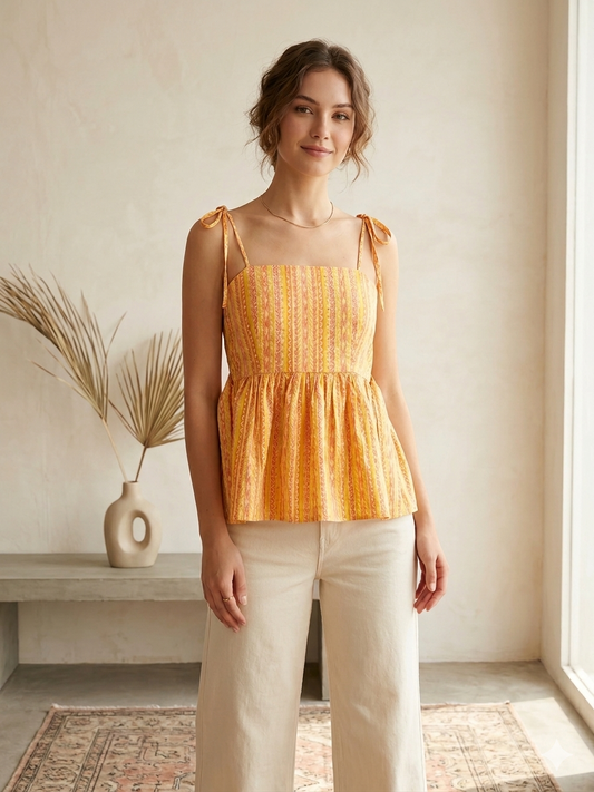 Yellow Shoulder tie up peplum top