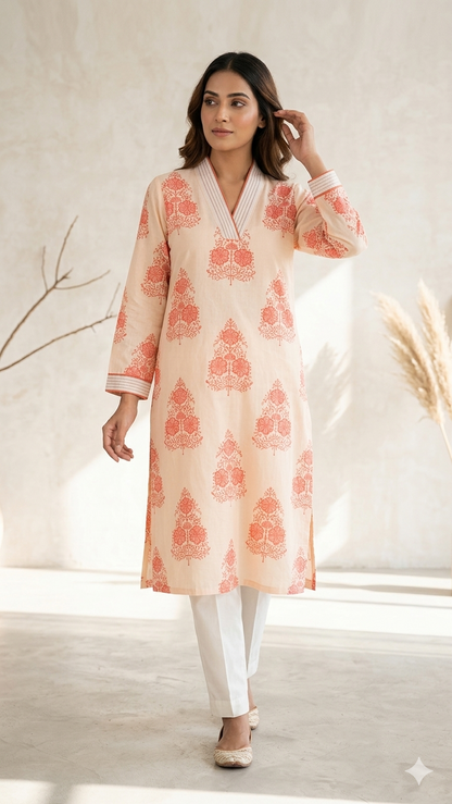 White and Orange Office wear kurta set